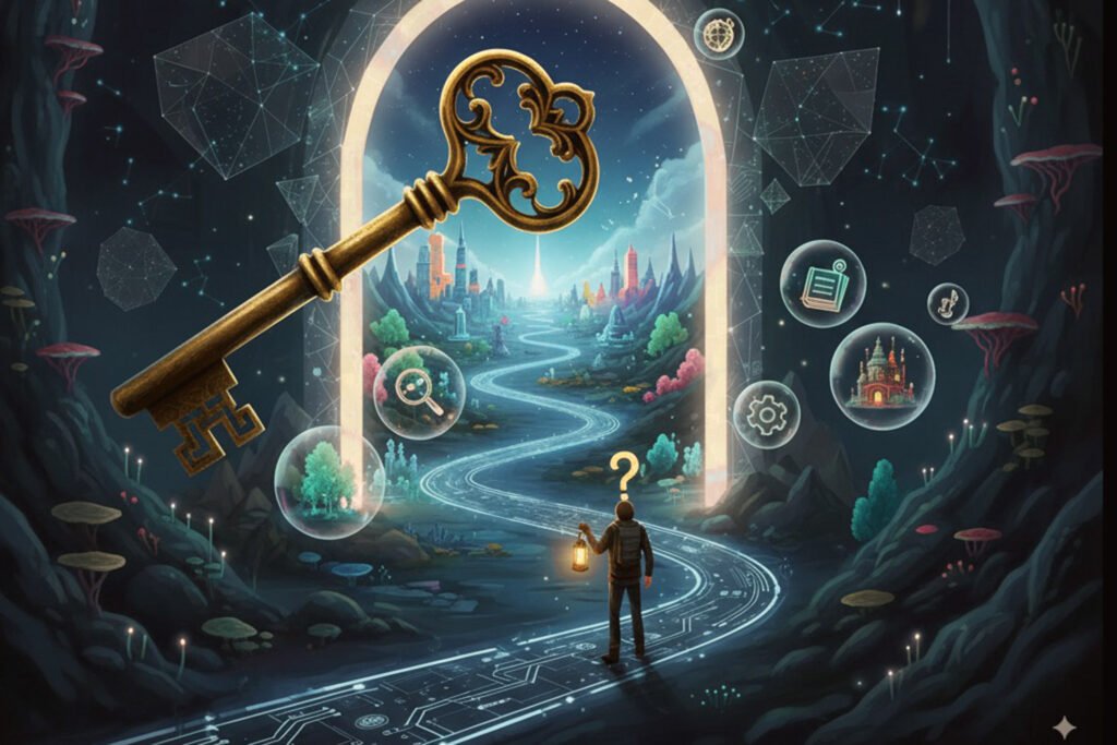 Image of a person along a winding path in a tunnel, a giant key floats above as they walk towards the light and exploring hidden search engines.