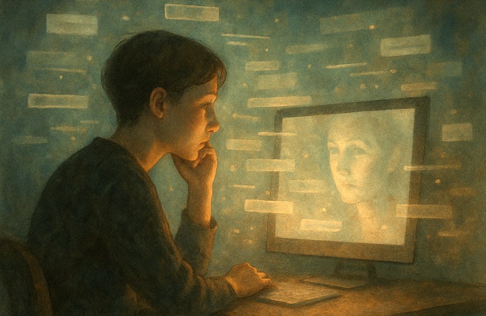 A young person looking at their reflection on a screen contemplating, "How I search my name online"