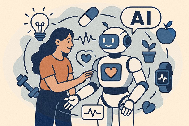 Ai for health and wellness illustration with a woman and a robot surrended by health care symbols and icons like pills, weights, plants, fruits, and wearable tech.