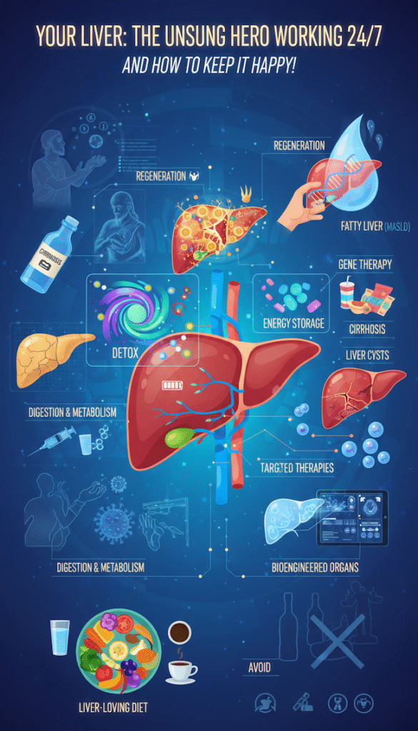 liver health diagram with liver in various states of deterioration and healing