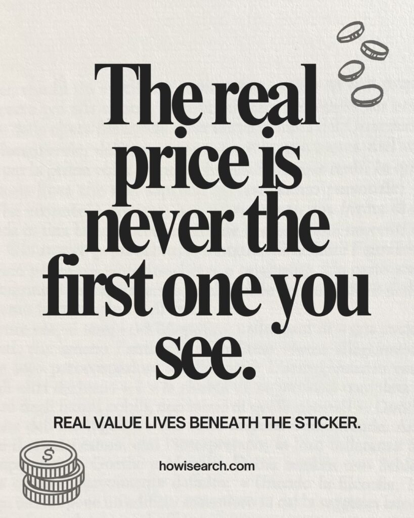 Card with type: The real price is never the first one you see.Real value lives beneath the sticker.
