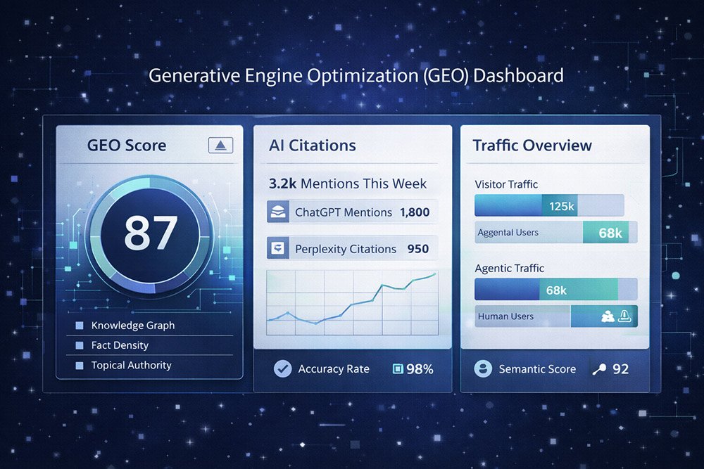 Agentic Web: Generative Engine Optimization dashboard diagram.
